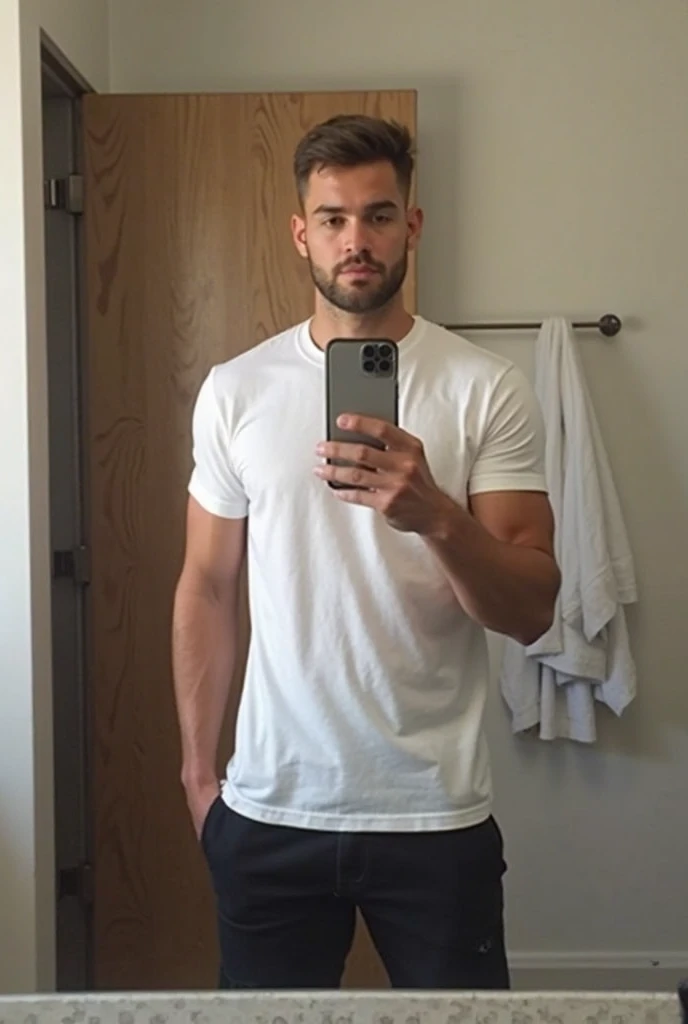 Muscular, broad-shouldered, black-haired, shaved-short beard, slightly oiled, slightly overweight body, hairy body, hairy body, white-skinned man wearing white underpants, taking a selfie in the mirror