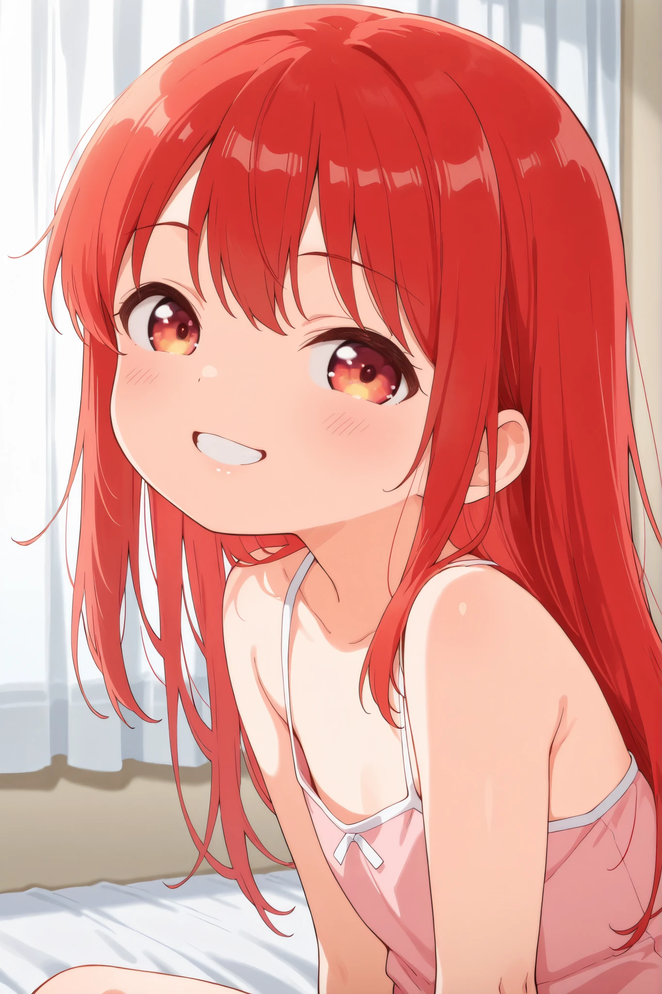 (close up of face:1.5),upper body shot,1 girl,solo,red hair,long hair straight hair,grin,smile,nsfw, pink camisole,blush,red eyes,blush,,open mouth,sitting on the bed,curtain room,looking at viewer,toddler body ,v sign