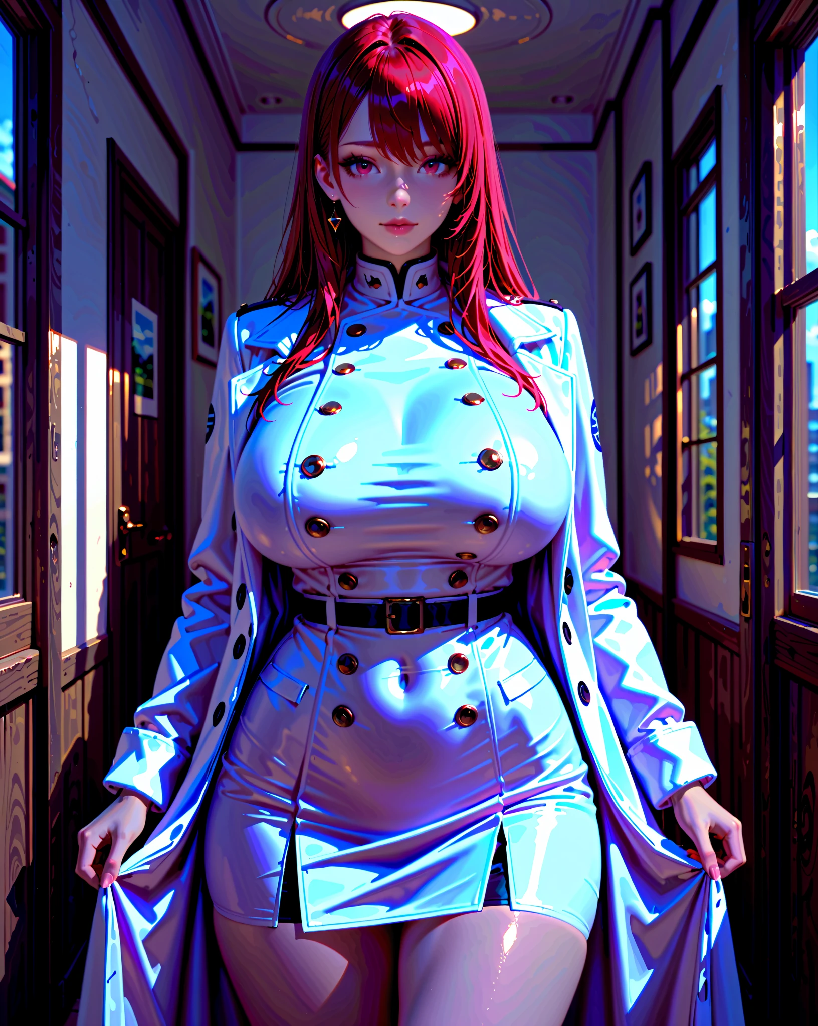 (masterpiece, highest quality, ultra high res, ultra detailed:1.3), 1 cute girl, ideal ratio body proportions, big breast, slender, full body, red long hair, low ponytail, (bangs covered both eyes completely, hair over both eyes:1.4), white tight leather mini skirt, purple turtleneck shirt, (cleavage cutout:1.3), BREAK, white leather jacket, open jacket, white leather boots, standing,