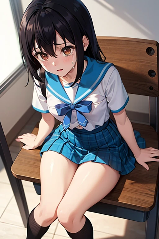 (best quality, masterpiece, high-resolution, detail),
a girl, ,
sitting in the classroom,
low pigtails, (low twin tails:1.2), black hair,
navy blue , sailor uniform,
front,
gentle smile,
school,