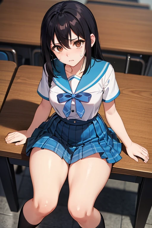 masutepiece, Best Quality, Illustration, Ultra-detailed, finely detail, hight resolution, 8K Wallpaper, Perfect dynamic composition, Beautiful detailed eyes, Natural Lip,Blazer ,Collared shirt, cleavage, ((skirt lift by yourself))),(lifted by self),(Showing panties),panties on,panties focus,((Sit up,spread ????????))、show me panties、Open your eyes、looking at the viewers、provocative smiling、huge smile、Smile big、Provocation by spreading legs and showing panties、((Sit up,spread ????????、Spread your ?????????、Spread your ?????????、Show me your panties、Open your ????????? to show off your panties.、Show me your panties、Do fancy nails、I'm smiling at you、(masutepiece, Best Quality, Ultra-detailed), (Illustration), (Beautiful detailed eyes), (1girl in), (Solo), Yoshiko Tsushima, Purple eyes, Blue hair, Single hair bun, Long hair, Looking at Viewer, Open mouth, Bangs, Shirt, School uniform, Pleated skirt, serafuku, Sleeveless, neckerchief, grey skirt, Yellow neckerchief, uranohoshi school uniform, Outdoors,、Yoshiko Tsushima、Love Live Sunshine