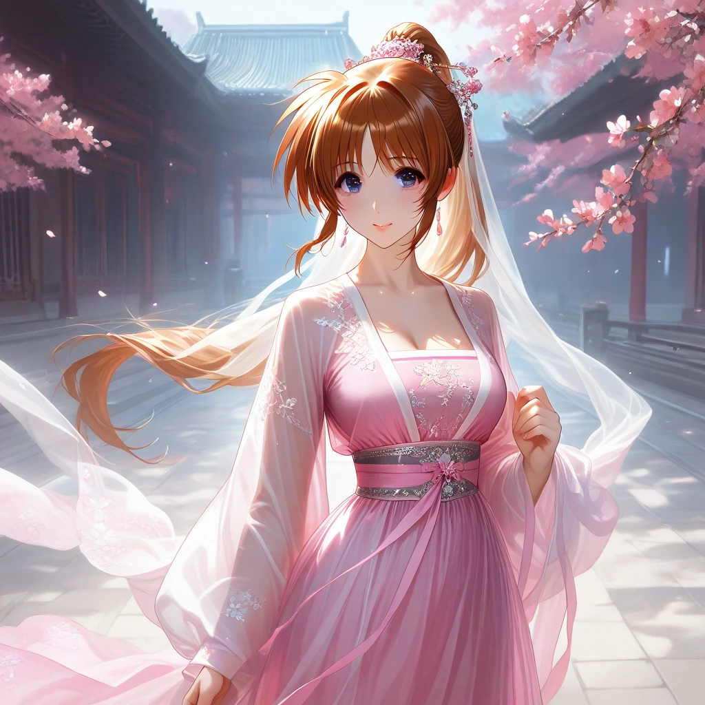 ((top quality)), ((masterpiece)), (details), （perfect face）、The brown-haired Takamachi Nanoha has excellent proportions and is wearing a gorgeous and glittering see-through Hanfu