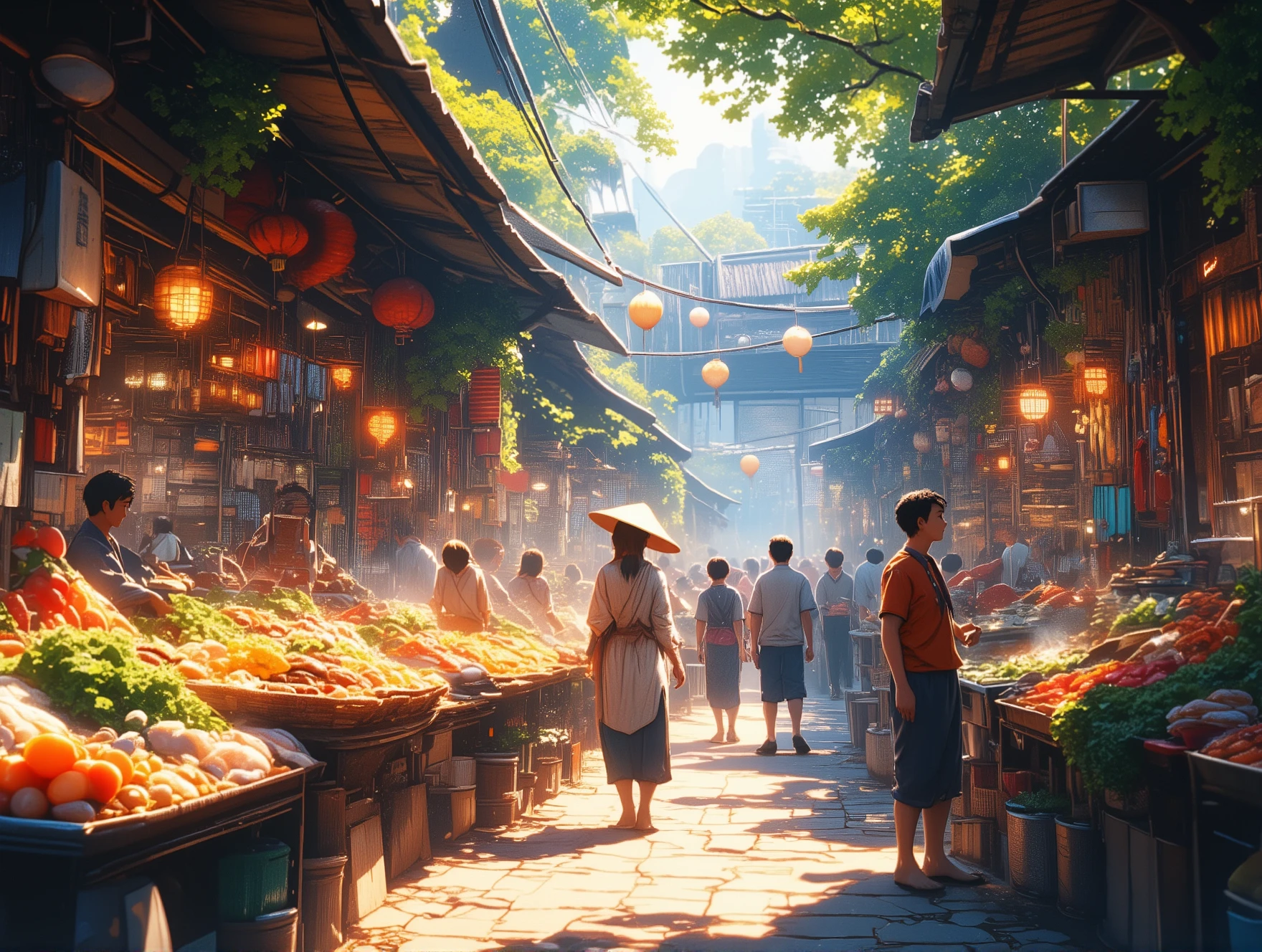 Masterpiece, top-quality,((front view:1.1)), ((from below:1.3)), CGI style, professional rendering, View from below:1.2, Walking Alley, ((Ancient)) Asian market with stalls, vegetables, fruits, meat, fish, people walking and talking, street food, cooking, beautiful shadows, busy atmosphere , vivid and vibrant color palette, surreal and dreamlike atmosphere. (best quality, 4k, high-res), (photorealistic: 1.37), tropical, serene, vibrant colours, soft morning lighting.