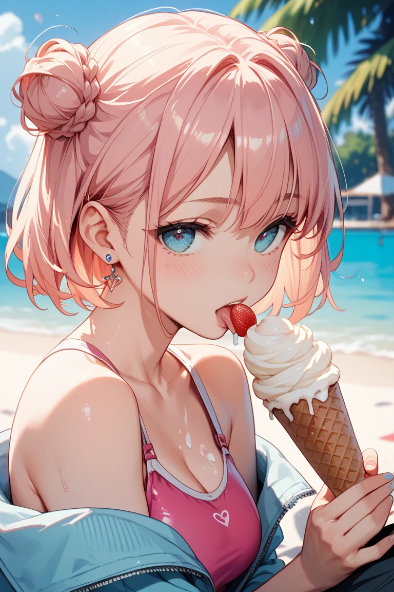Hyperphotorealistic, beautiful lascivious woman kissing fruit in wet thin ultra micro bikini, putting a lot of fruit on her breasts, cheerful, sunny beach, making super details, pink wavy hair
