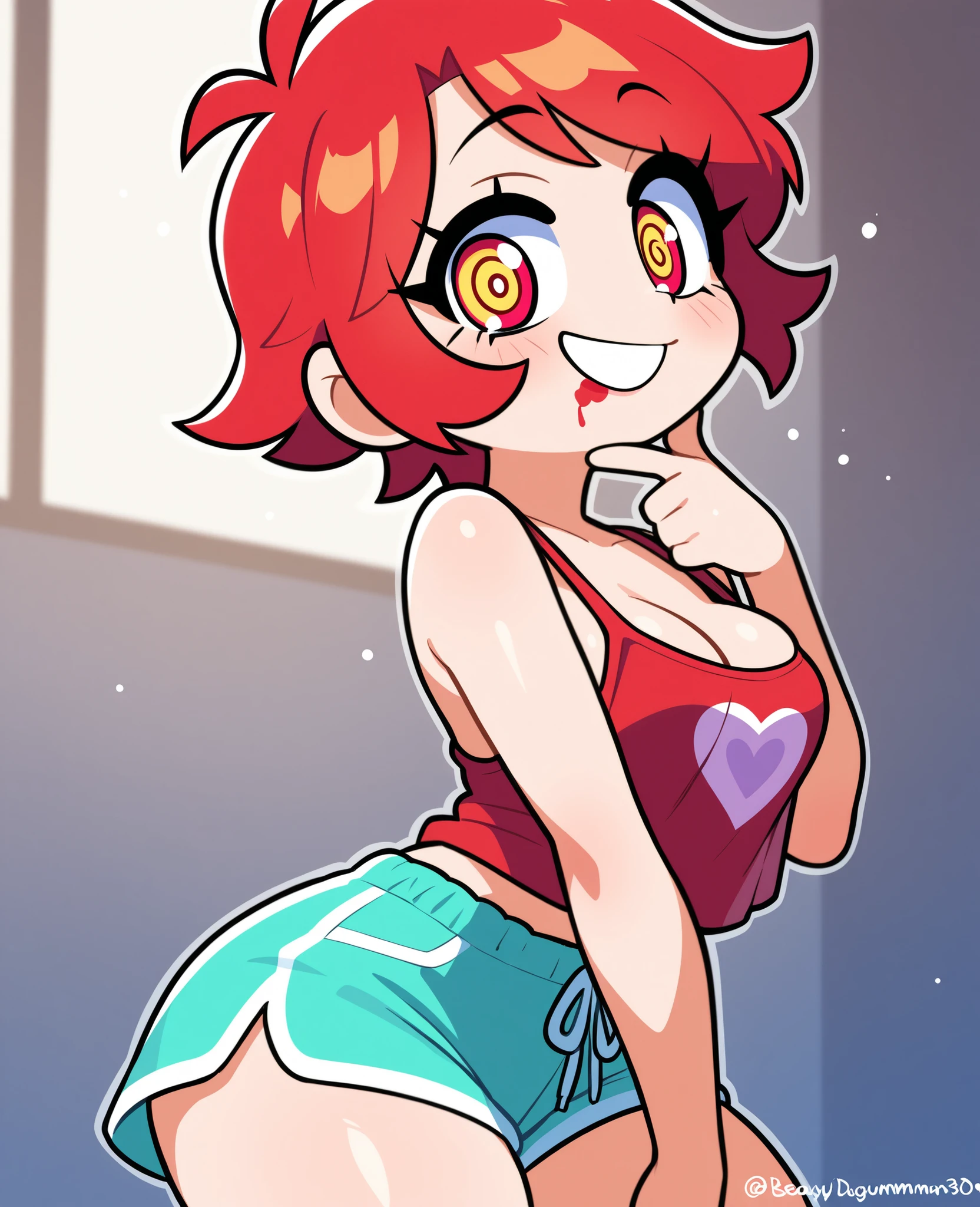 High quality, high resolution, open door, large breasts, 1girl, nsfw, from above, sweat, red hair, ponytail, red lipstick, black mascara, heart choker, heart eyes, red eyeshadow, wide hips