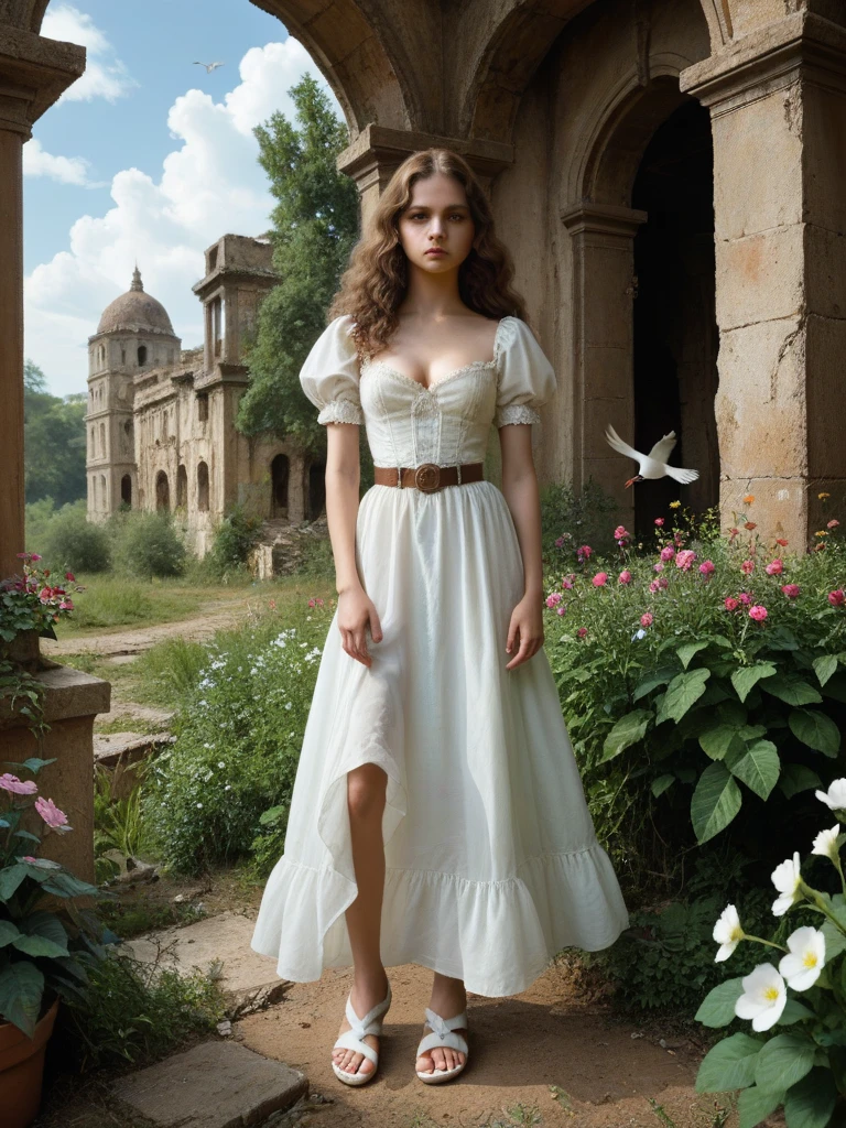 Full body shot, classic oil painting, The character is a young and very beautiful woman, Valyrian brunette, Perfect body, 19th century painting nymph, covered in jewellery, Surrounded by flowers, She has a devine look and has a serious face. Behind her is a far distance detailed classic landscape with the ruins of an ancient town abandoned and overgrown with vegetation, Cloudy sky, She is wearing a summer dress with a short puffy sleeve made of very fine white transparent fabric and a belt at the waist. Cleavage, She wears white sandals. She walks on a bed of white snowdrops and flowers, She has very long wavy hair and her eyes are intense and deep green. (ornate Rococo), (Victorian), (Pre-Raphaelite Beauty), You can see white flying birds in the distance, Full body view, 