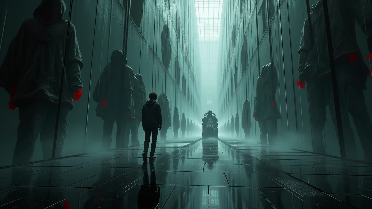 Tom walks cautiously through a labyrinth made entirely of tall, seamless mirrors that stretch endlessly in all directions. The floor is black glass; the ceiling cannot be seen. With each step, reflections ripple outward—not just of him, but of other versions of him. A younger Tom sprints past, eyes wild with fear. Another version—older, broken, sits curled in a corner, whispering to himself. Yet another stands defiantly, arms crossed, dressed in black, eyes burning with anger. As Tom continues, the reflections become more surreal: one Tom wears a crown of vines, smiling gently; another floats upside down, weeping; one bleeds light from the chest, holding a snake made of fire.He stops at a central chamber, a circular space surrounded by infinite reflections. In its center is a throne made of curved mirror shards. On it sits a version of himself that does not move—but watches. This version has no eyes—just smooth mirrored skin where his face should be. Tom slowly approaches. Every version he passed now appears in the mirrors around him—dozens, maybe hundreds. The silent watcher raises one hand. Instantly, all reflections mirror the same gesture. The chamber fills with radiant white light.Cinematic wide shot with spiraling camera motion, echoing footsteps, whispering memories layered in the soundscape. Color palette: cold silver, obsidian black, flickers of red, soft ghostly white. This is where all the selves meet—and either fracture or fuse.