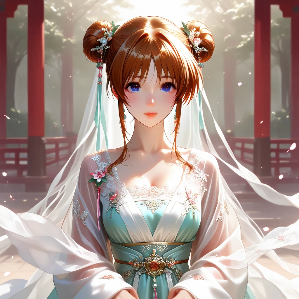 ((top quality)), ((masterpiece)), (details), （perfect face）、The brown-haired Takamachi Nanoha has excellent proportions and is wearing a gorgeous and glittering see-through Hanfu bridal dress