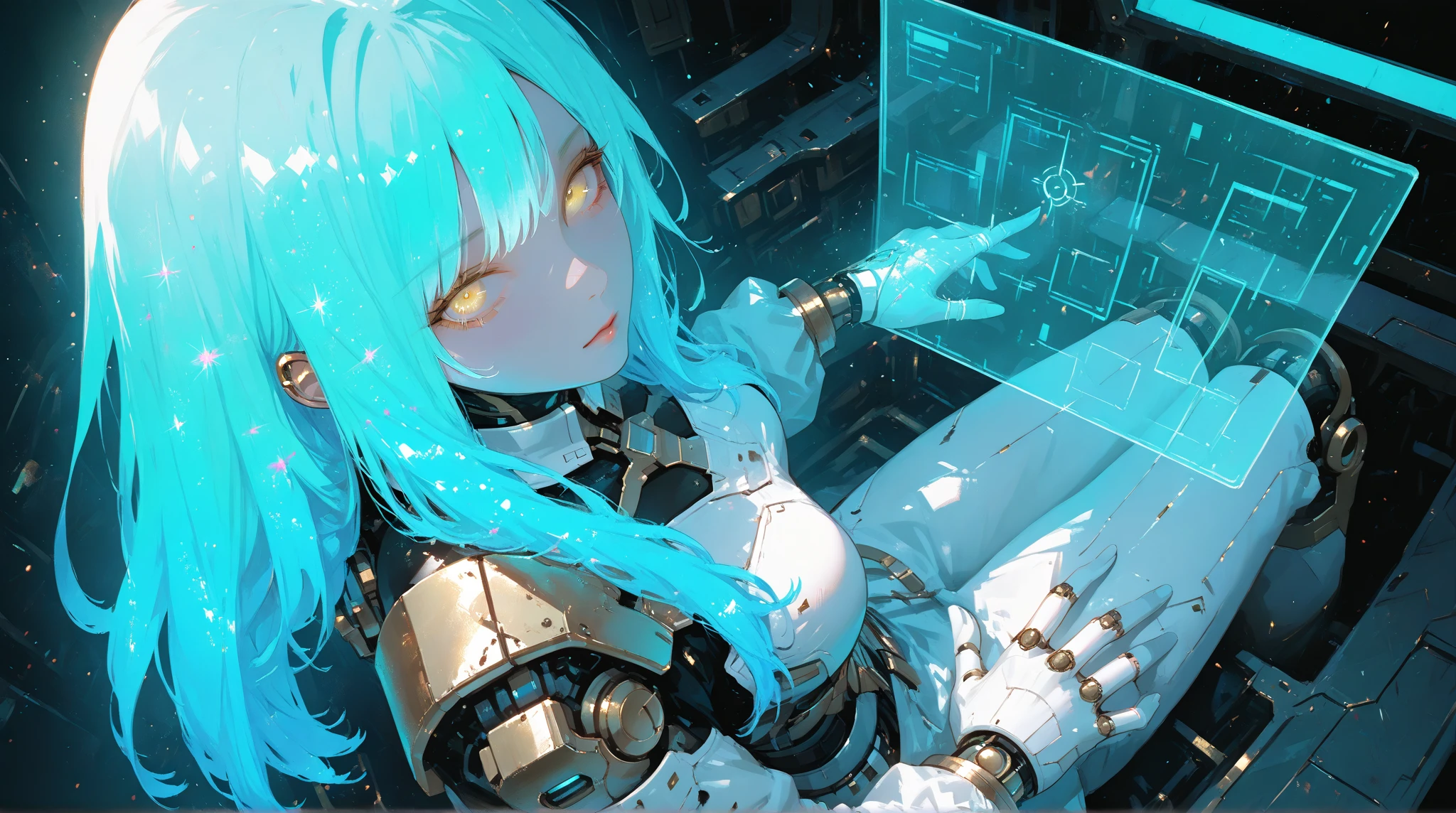 <lora:IOS_Iridescent_opal_style:0.6><lora:amano_yoshitaka_xl:1> art by yoshitaka amano, portrait, racing miku, [woman:robot joints:0.6], [armpits:mecha:0.5], [evangelion:cyberpunk edgerunners:0.5], [lens flare:opal:06], intricate detail, cinematic lighting, amazing quality, amazing shading, reflective transparent iridescent opaque plugsuit, long transparent iridescent RGB hair, absurdly long hair, twintails, Detailed Illustration, official artwork, wallpaper, official art, extremely detailed eyes and face, beautiful detailed eyes, On a space station, zero gravity, floating, ((masterpiece, best quality))