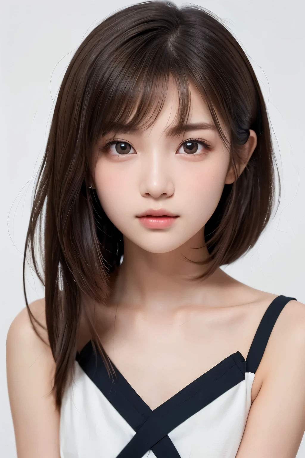 (((forehead、Extreme pose、sexy、See-through、race、A calm face、Short Bob、Northern Europe、White、beautiful girl、Black Hair、White background、High neck sleeveless、cute、Young、True Face、Shiny Hair、whole body)))、table top, highest quality, figure, super detailed, finely, High resolution, 8k wallpaper, Perfect dynamic composition, detailed and beautiful eyes, Deco out,bionde, breasts, Natural color lip,white background, random cute poses,