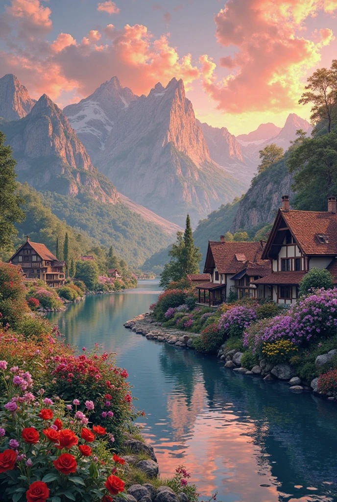 A small village by the river, mountains in the background, colorful flowers, detailed landscape style, beautiful natural scenery, atmospheric lighting,  scorching sunset ,  warm colors, practical, photographic, detailed foliage, complex buildings , cobblestone street, charming country house, vibrant colors, lush vegetation, reflections in the water, pitoresco, idyllic, work of art, Best Quality, 8k, extremely detailed, anime style