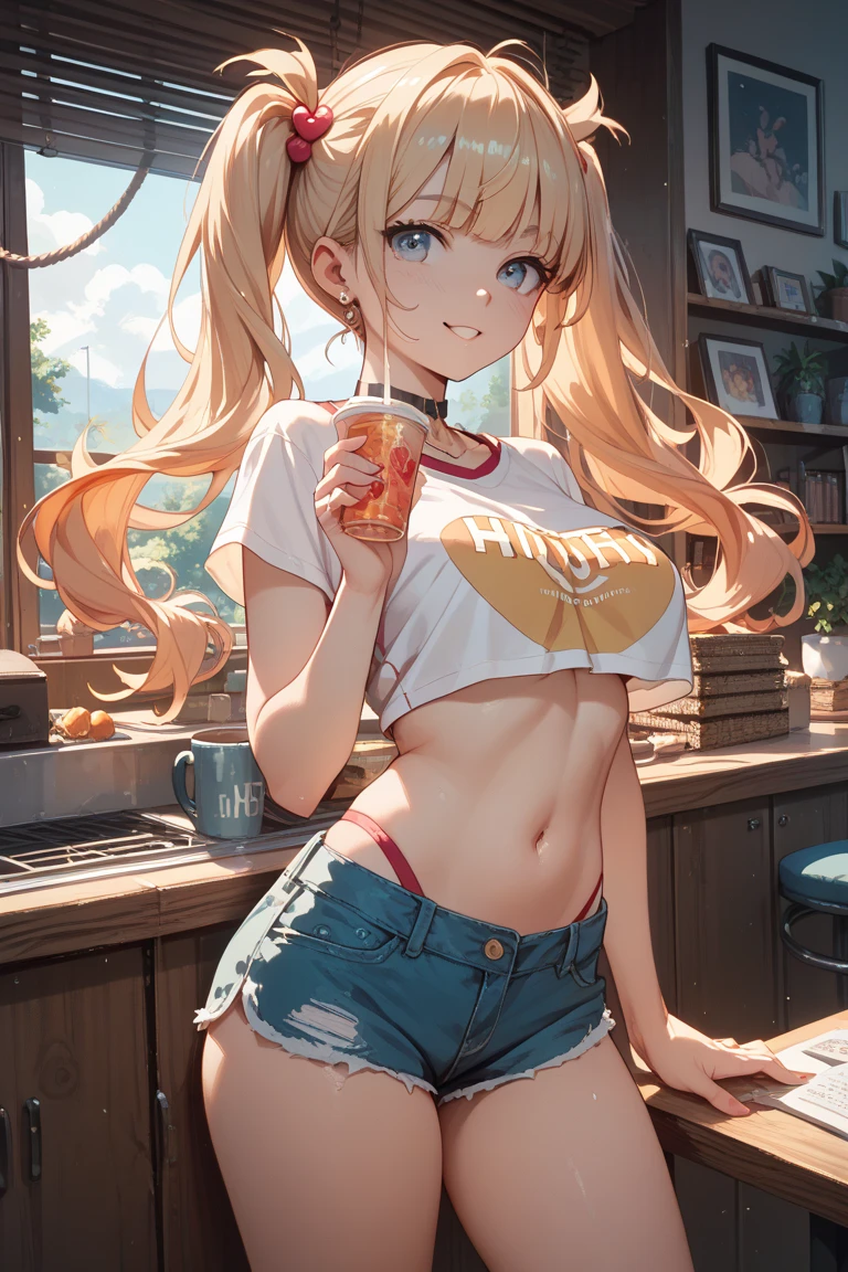 1 girl, (masterpiece, detailed information, Best quality), Long and shiny hair,, blonde hair, sportswear, grin, juicy lips, bitch juice, Red lips, Perfect eyes,