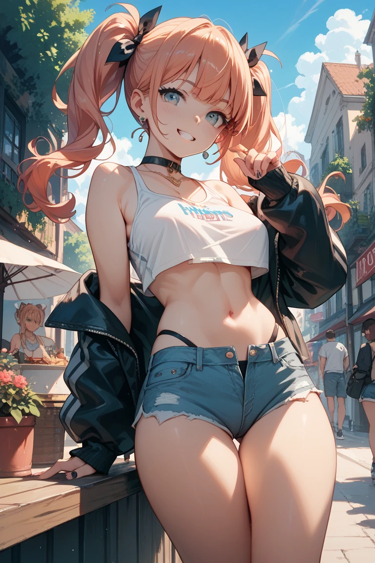 BREAK looking at viewer,BREAK (masterpiece:1.2), best quality, high resolution, unity 8k wallpaper, (illustration:0.8), (beautiful detailed eyes:1.6), extremely detailed face, perfect lighting, extremely detailed CG, (perfect hands, perfect anatomy),city,street,night,lights,wet road, power \(chainsaw man\),medium breasts,skinny fit, white crop top, crop top, shorts,