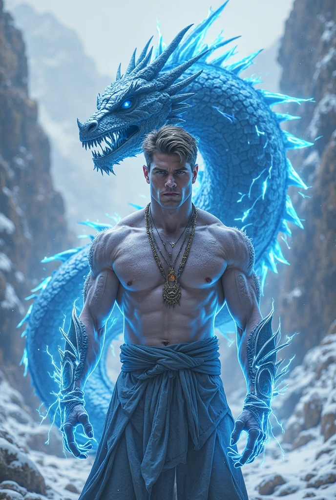 Men's top  hands up to his arms has big realistic wild blue ice dragon wrapped around snowy icy icy mountains blue mountains blue lightning blue light muscular mortal kombat karetker with icy white skin brown hair blue lightning bolts get a realistic picture