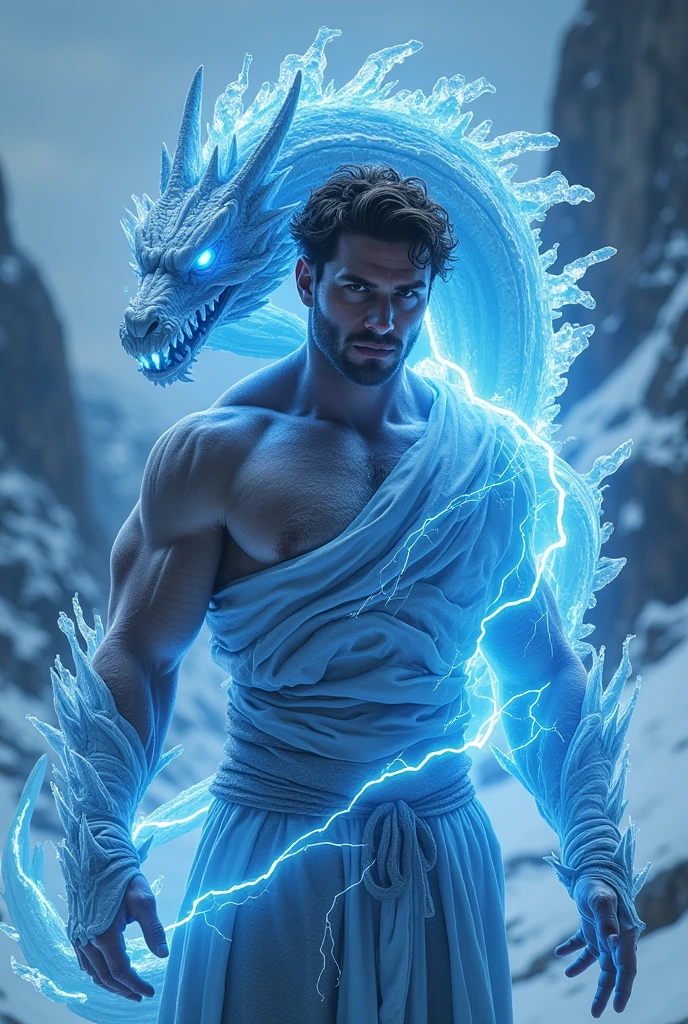 Men's top naked hands up to his arms has big realistic wild blue ice dragon wrapped around snowy icy icy mountains blue mountains blue lightning blue light muscular mortal kombat karetker with icy white skin brown hair blue lightning bolts get a realistic picture