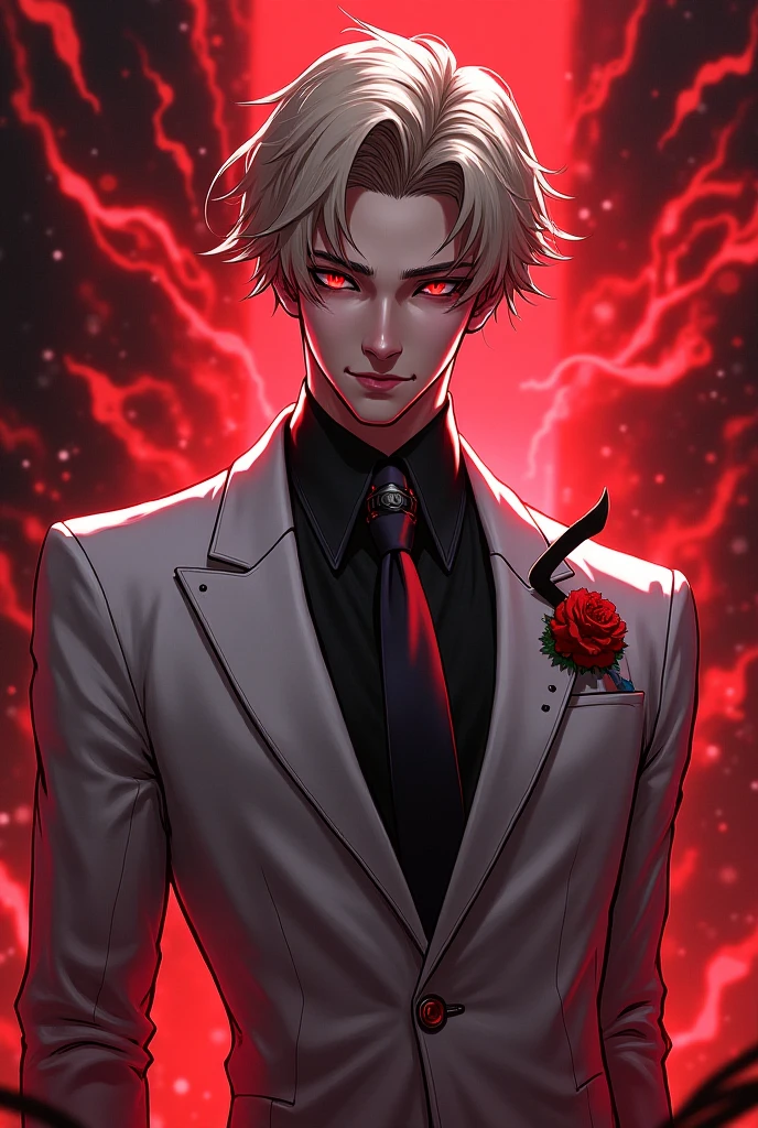 A anime male character based off of the  of Alastor and lucifer morningstar from the hazbin hotel verse  he dresses like alastor with some of the white and red like lucifer