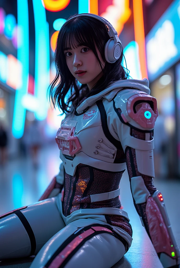  angle from below , Japanese woman, pretty face, shortcuts, bungs,  black hair, bungs, Blurred background, Blur, The background is a futuristic high-tech amusement room ,  Color Difference, Knee-length,  on the forehead, motion Blur, pictures_curly,  futuristic robot armor hoodie,  Futuristic Robot Headphones , Genuine pictures_curly,  multicolor see-through futuristic costume , Genuine, High Tech Boots, shorts,  kneeling, solo,  horizon ,  model