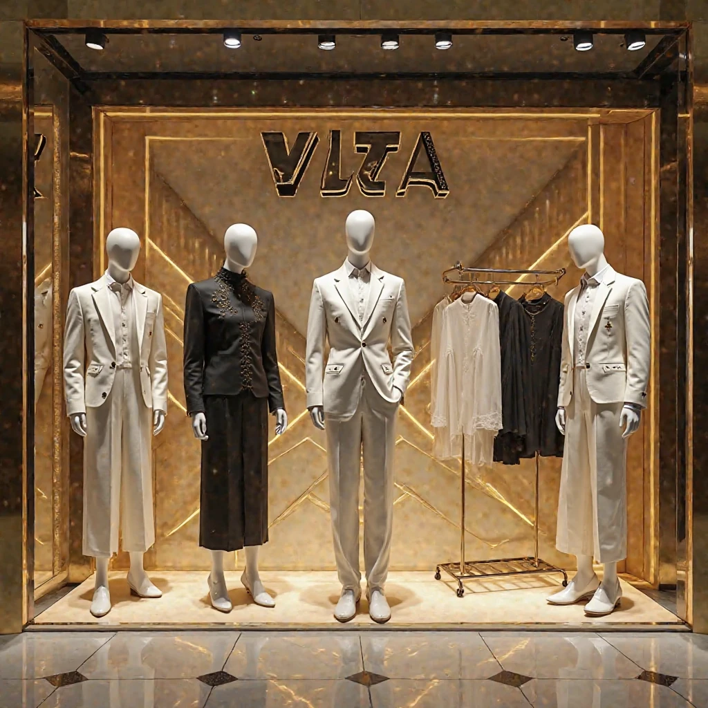 luxury store showcase with ecological and bio sustainable clothing made from lotus flower fiber, designer and delicate clothing