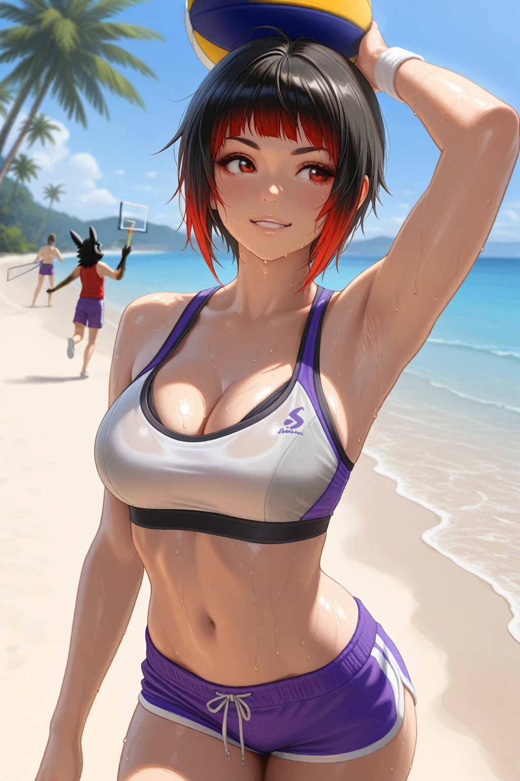 high resolution, best image quality, masterpieces, 1 girl, bangs, bare shoulders, blue sky, blurry, blurry background, blush, breasts, medium breasts, purple hair, purple eyes, cleavage, cloud, collarbone, day, depth of field, eyebrows visible through hair, hair ornament, hairclip, looking at viewer, medium breasts, mole, bra, navel, open mouth, outdoors, short hair, shorts, sky, solo focus, standing, sweat <lora:shizuki_LORA:1>