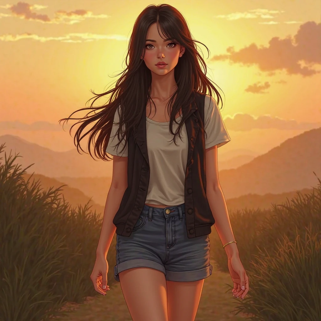 Mulher, long black hair vest, wearing denim shorts and t-shirt, Walking at sunset 