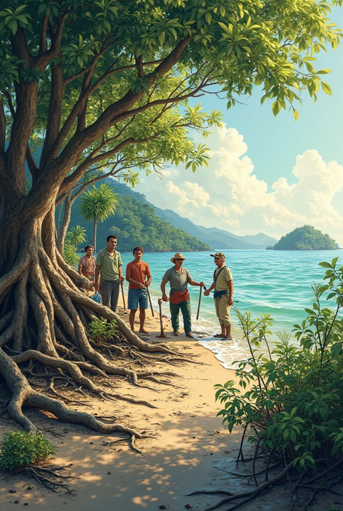 Create a tarpulin with the theme magrove tree planting 
Landscape only