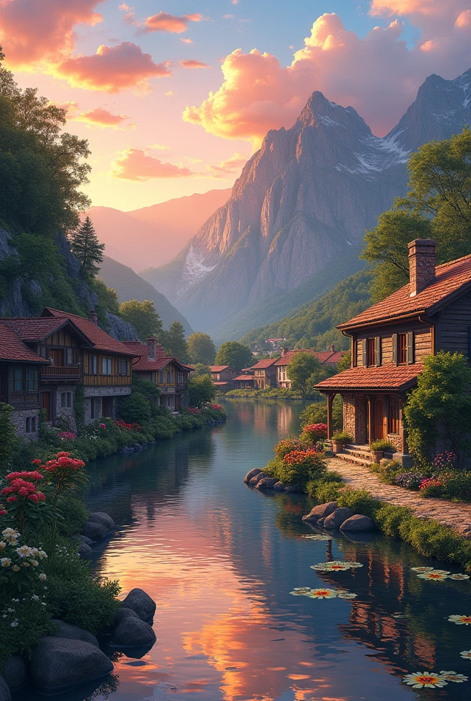 A small village by the river, mountains in the background, colorful flowers, detailed landscape style, beautiful natural scenery, atmospheric lighting,  scorching sunset ,  warm colors, practical, photographic, detailed foliage, complex buildings , cobblestone street, charming country house, vibrant colors, lush vegetation, reflections in the water, pitoresco, idyllic, work of art, Best Quality, 8k, extremely detailed, anime style