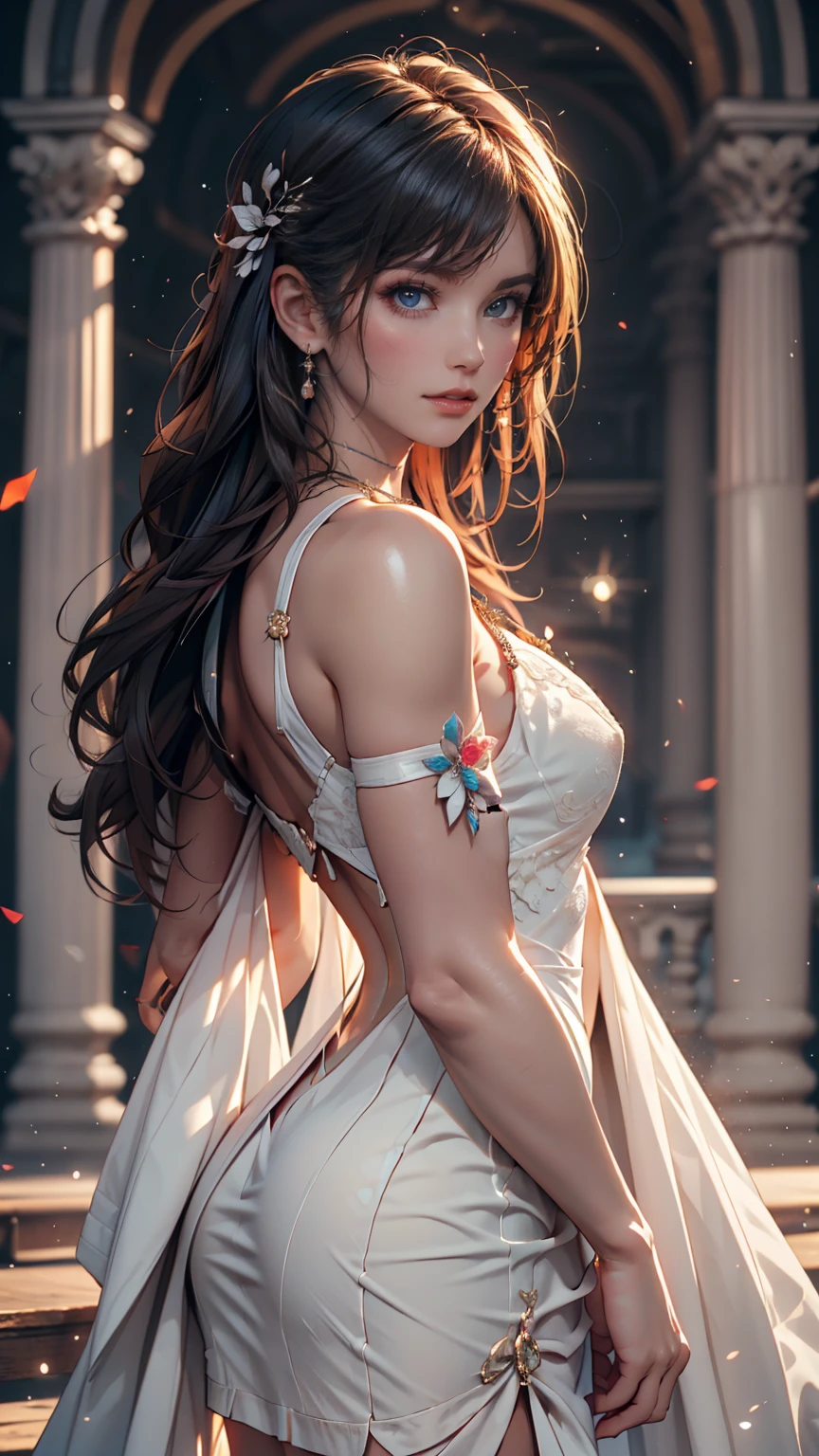 最High Quality, masterpiece, high resolution, 1 girl, Porcelain Dress, hair accessories, necklace for 1 person,  jewelry on kiss , beautiful face, on top of her body, Tyndall phenomenon, realistic, dark studio, Edge Lighting, two-tone lighting, ( High Detail Skin : 1.2), 8K Ultra HD, dslr, Soft light, High Quality, Volume Light,  , pictures, high resolution, 4K, 8k, blurry background,