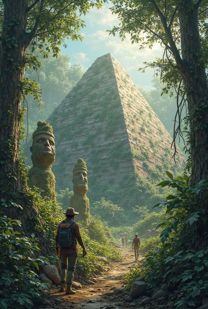 The explorers traveled to a deep forest where no one has ever gone before. It was a mysterious dense forest. They found an ancient medium-sized pyramid with large and small statues.