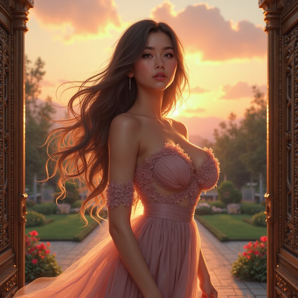 1girl, solo, gigantic breasts, detailed  features, delicate expression, sensual posture, flowing hair, elegant dress, luxurious manor, ornate architecture, lush garden, sunset sky, cinematic lighting, dramatic shadows, intricate details, photorealistic, 8K, hyper detailed, master