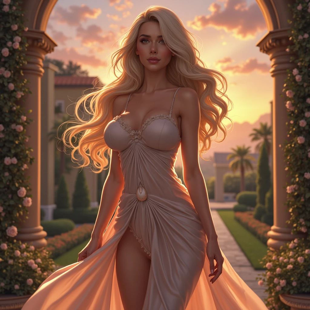1girl, solo, gigantic breasts, detailed facial features, delicate expression, sensual posture, flowing hair, elegant dress, luxurious manor, ornate architecture, lush garden, sunset sky, cinematic lighting, dramatic shadows, intricate details, photorealistic, 8K, hyper detailed, master