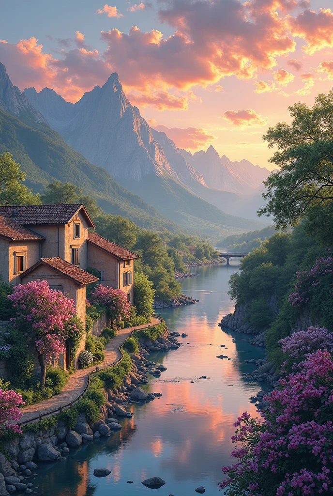 A Small Village by the River，Mountains in the background，Flowers in ...