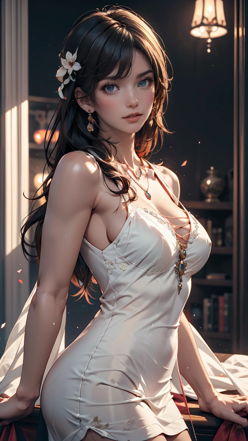 最High Quality, masterpiece, high resolution, 1 girl, Porcelain Dress, hair accessories, necklace for 1 person,  jewelry on kiss butt, beautiful face, on top of her body, Tyndall phenomenon, realistic, dark studio, Edge Lighting, two-tone lighting, ( High Detail Skin : 1.2), 8K Ultra HD, dslr, Soft light, High Quality, Volume Light,  , pictures, high resolution, 4K, 8k, blurry background,