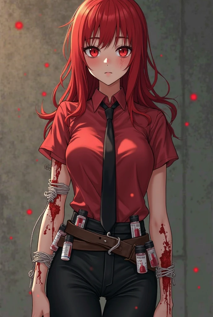 masterpiece, best quality, 1girl, beautiful, slim, long hair, red hair, beautiful woman, mature woman, royal queen, sitting, rope, shibari, bondage, suspension, spread legs, chains, hands bound behind her back by thick ropes, bound by many ropes, white shirt, long sleeves shirt, collared shirt, black necktie, bangs, huge breasts, breasts covered in shirt, arms bound behind her back, perfectly drawn feet, perfectly drawn toes, perfectly drawn hands, perfectly drawn fingers, both hands tied behind her back, both arms tied behind her back, perfectly drawn eyes, makima \(chainsaw man\), long sleeves shirt, long braided hair, golden eyes, glowing eyes, crying expression, crying, tear, high definition, thick chains, many chains, old warehouse, broken, dirty, night, dark, helpless, feeling hopeless, (blood in her nose), (blood on her face), ((blood on her lips, blood in her nose, blood on face)), ((blood in mouth)), (open mouth),  (left eye closed), ((non-nude)), office lady unifrom, (long black trousers), ((non-nsfw)), (full legs covered in long black trousers), (blood on shirt), looking at the camera, (revealing cleavage),