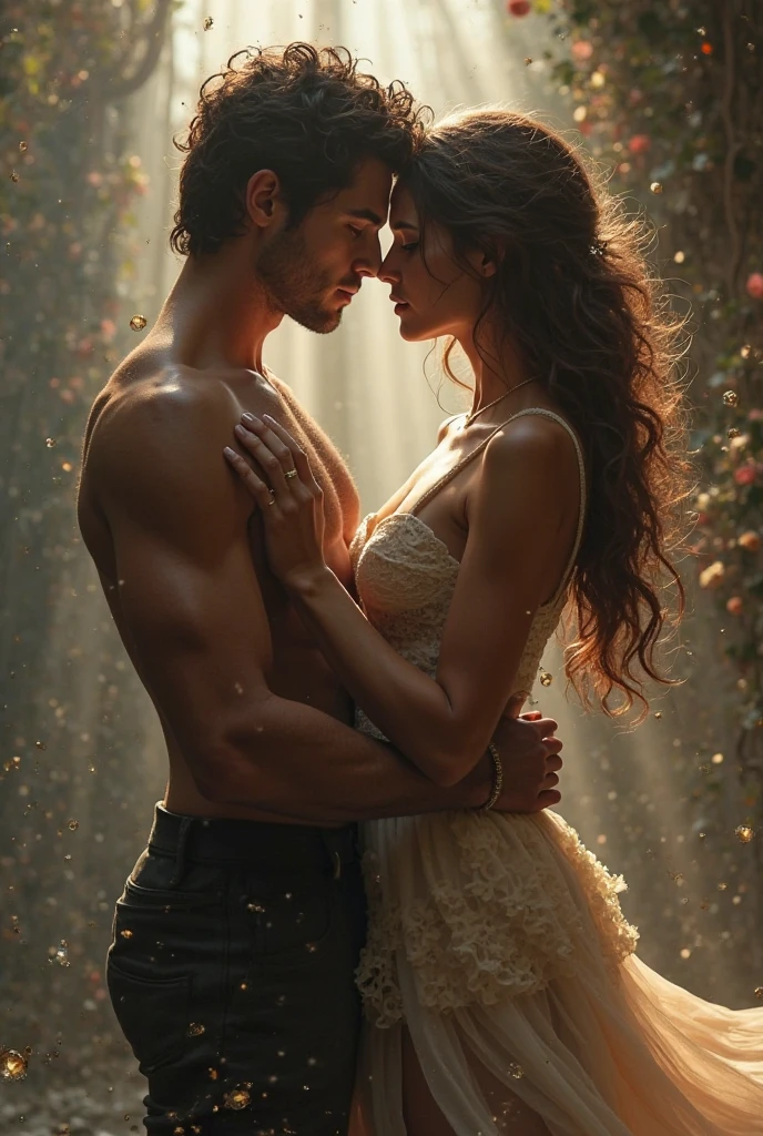 a nymph with tanned skin, green eyes and curly brown hair naked with a lush body next to her is a muscular and handsome man with dark blue eyes and jet black hair who is also naked, They are both dancing in the rain at night.