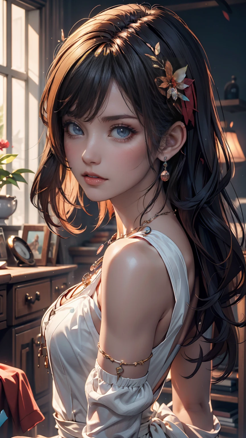 最High Quality, masterpiece, high resolution, 1 girl, Porcelain Dress, hair accessories, necklace for 1 person,  jewelry on kiss butt, beautiful face, on top of her body, Tyndall phenomenon, realistic, dark studio, Edge Lighting, two-tone lighting, ( High Detail Skin : 1.2), 8K Ultra HD, dslr, Soft light, High Quality, Volume Light,  , pictures, high resolution, 4K, 8k, blurry background,