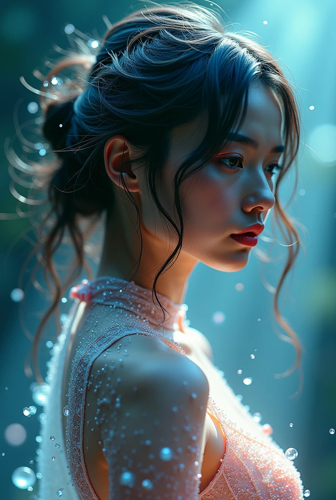 (Top quality,Masterpiece:1.3,Super high resolution),(Very detailed,8K),(Real:1.4,RAW shooting). Blurred background, mysterious background, glowing diamond dust, young frost-fire woman, sexy and attractive young woman with full body transparency, shiny skin and small breasts, ((realistic skin texture)), random color hair, floating multi-colored hair