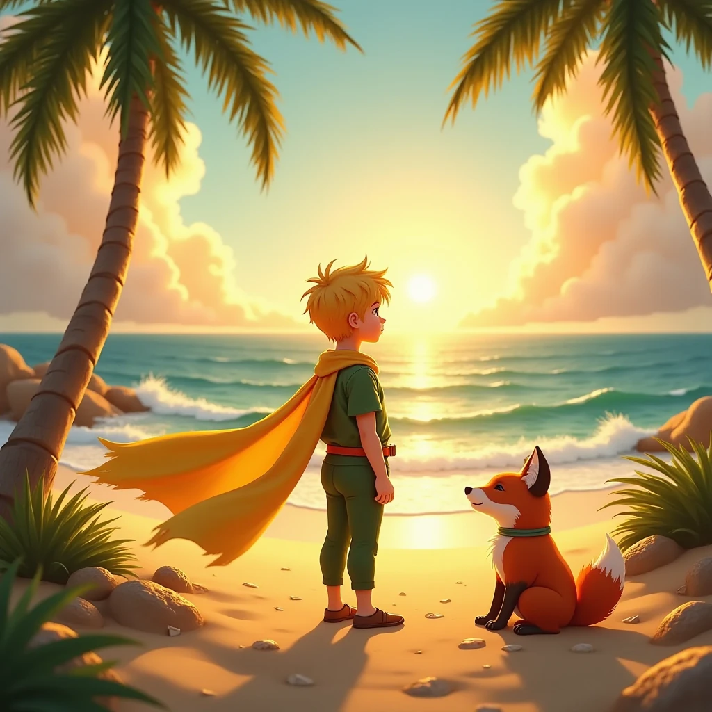 The Little Prince, blond hair, green clothes and pants, yellow scarf in the wind, Yellow belt around the waist, Admiring the sunrise at sea with the fox,  Beach landscape , clear sky, mar calmo, golden sand,  coconut trees in the background , golden lighting, photographic effect, digital art, 4K, ultra-detailed, cores vivas, Ambient lighting