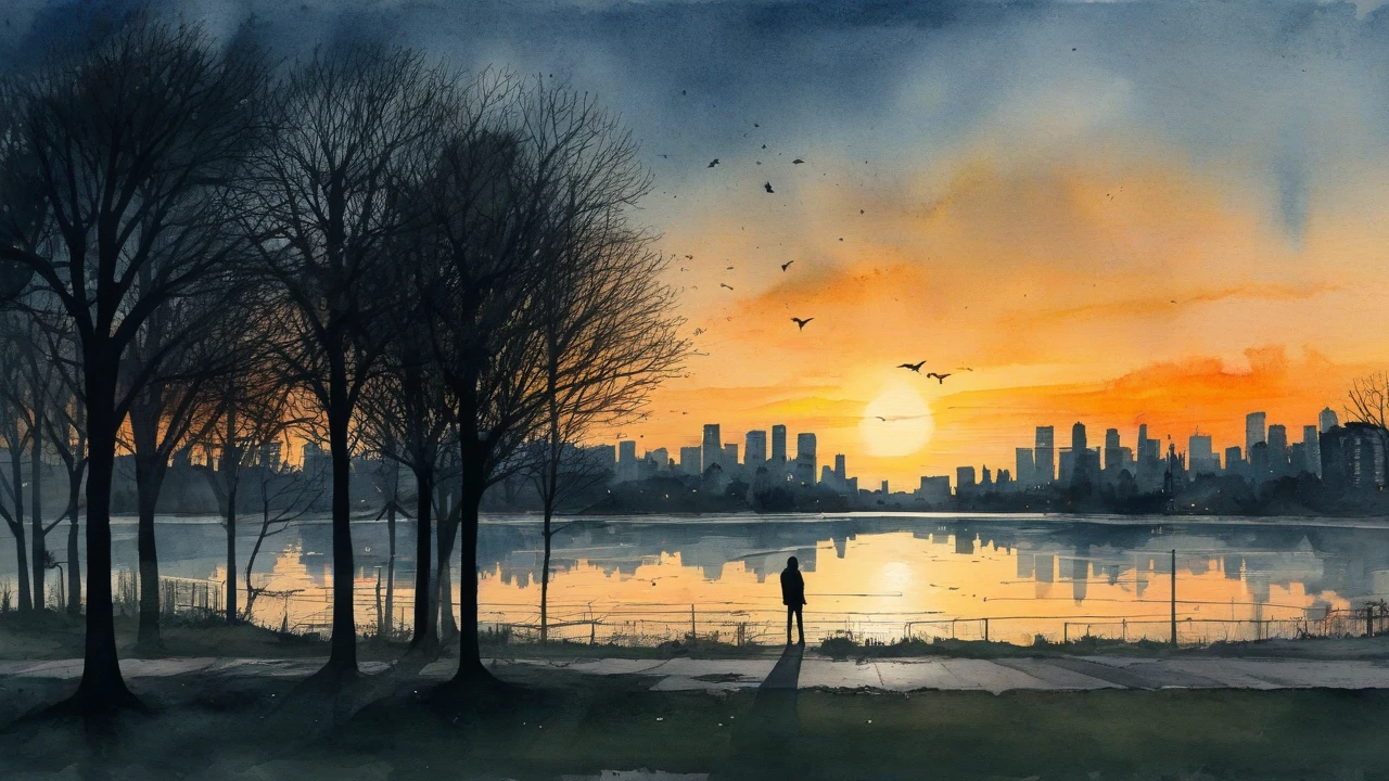A person at the edge of a city park at sunset, standing still while everything else moves around them.surrealist art style combined with smudged watercolor paint. The scene is a bit dark.