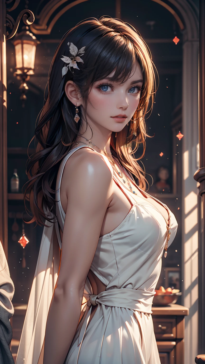 最High Quality, masterpiece, high resolution, 1 girl, Porcelain Dress, hair accessories, necklace for 1 person,  jewelry on kiss butt, beautiful face, on top of her body, Tyndall phenomenon, realistic, dark studio, Edge Lighting, two-tone lighting, ( High Detail Skin : 1.2), 8K Ultra HD, dslr, Soft light, High Quality, Volume Light,  , pictures, high resolution, 4K, 8k, blurry background,