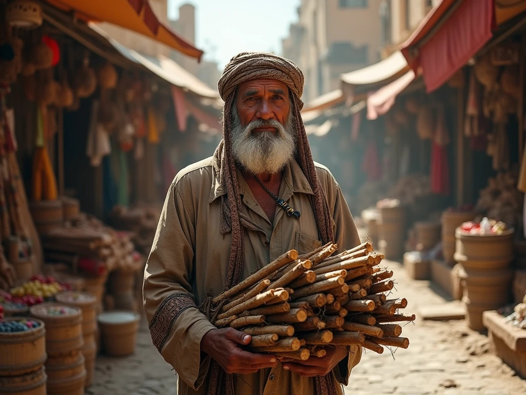 An old man in traditional Moroccan dress selling firewood in the market from ancient times.