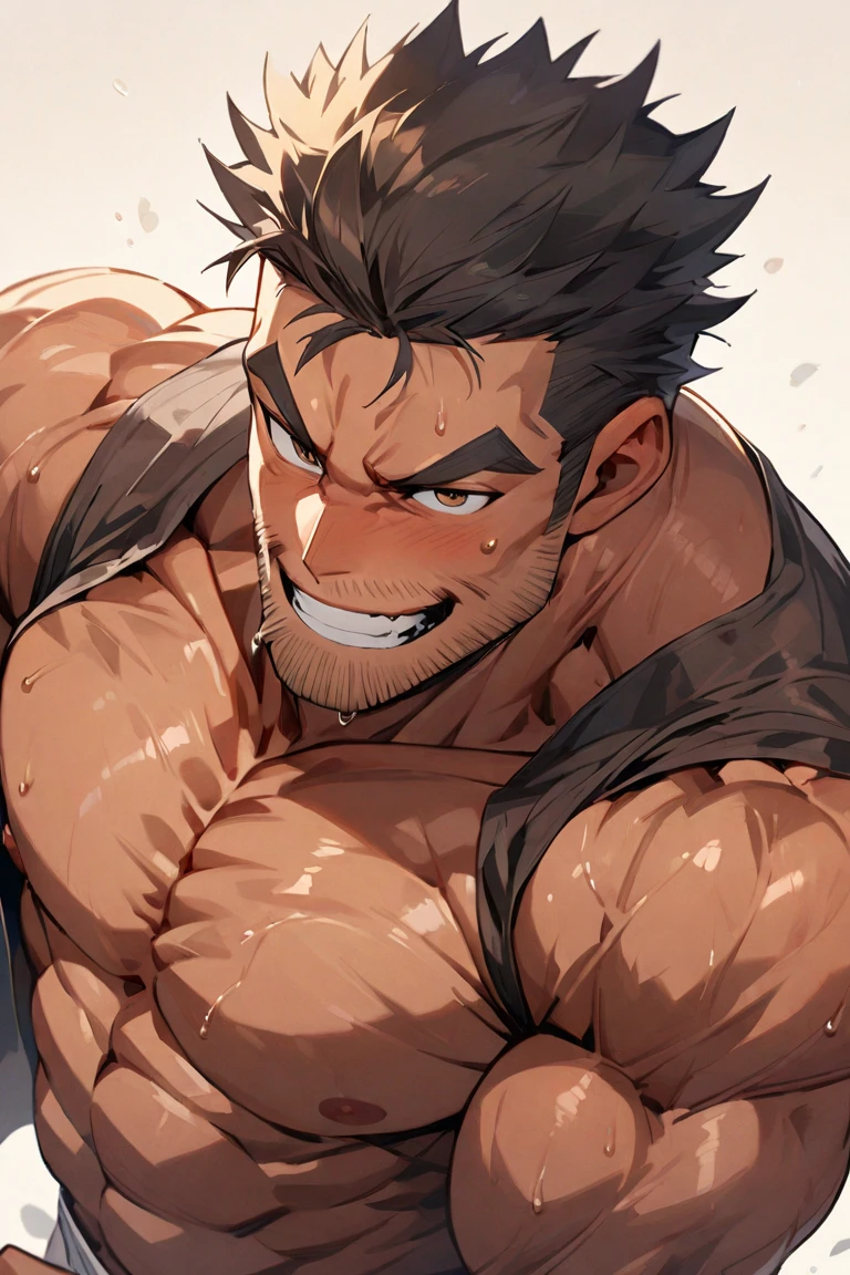 1 man, 35 years old, look at me, good face, muscles, show body muscles, happy face, big chest, show one armpit, a littel fat, shirtless, without clothes