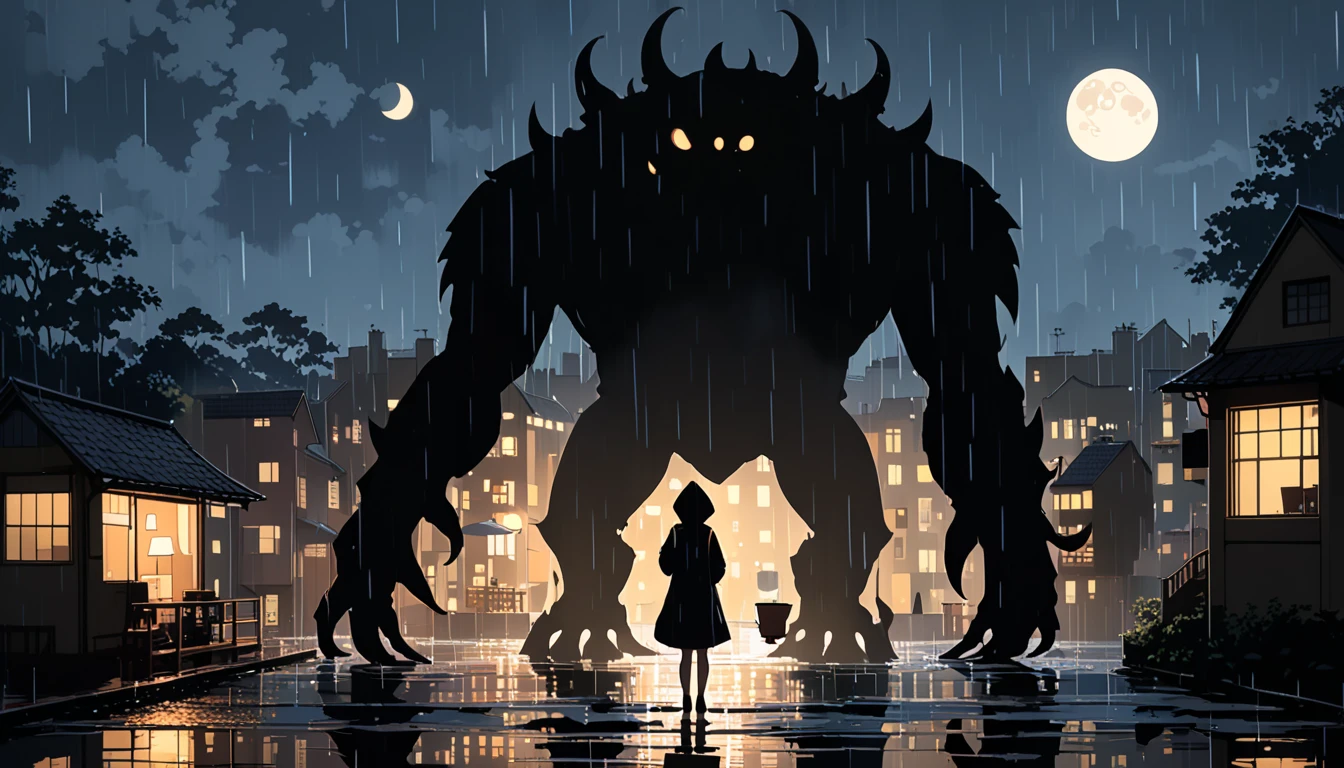 A very bad monster that invade a small village at night and two little girls run from that monster