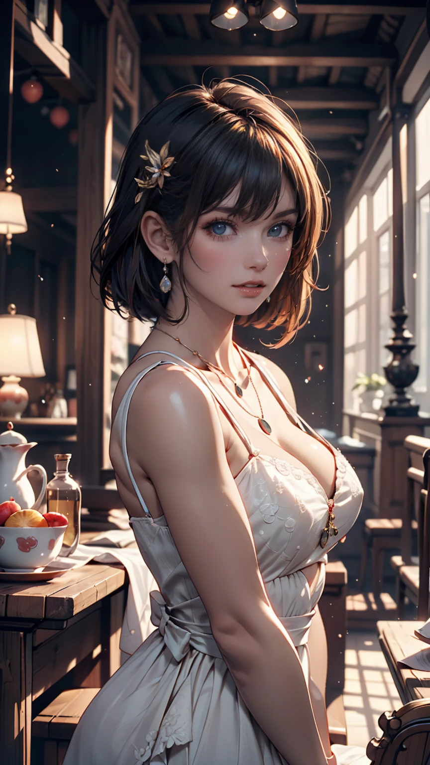 最High Quality, masterpiece, high resolution, 1 girl, Porcelain Dress, hair accessories, necklace for 1 person,  jewelry on kiss ????, beautiful face, on top of her body, Tyndall phenomenon, realistic, dark studio, Edge Lighting, two-tone lighting, ( High Detail Skin : 1.2), 8K Ultra HD, dslr, Soft light, High Quality, Volume Light,  , pictures, high resolution, 4K, 8k, blurry background,