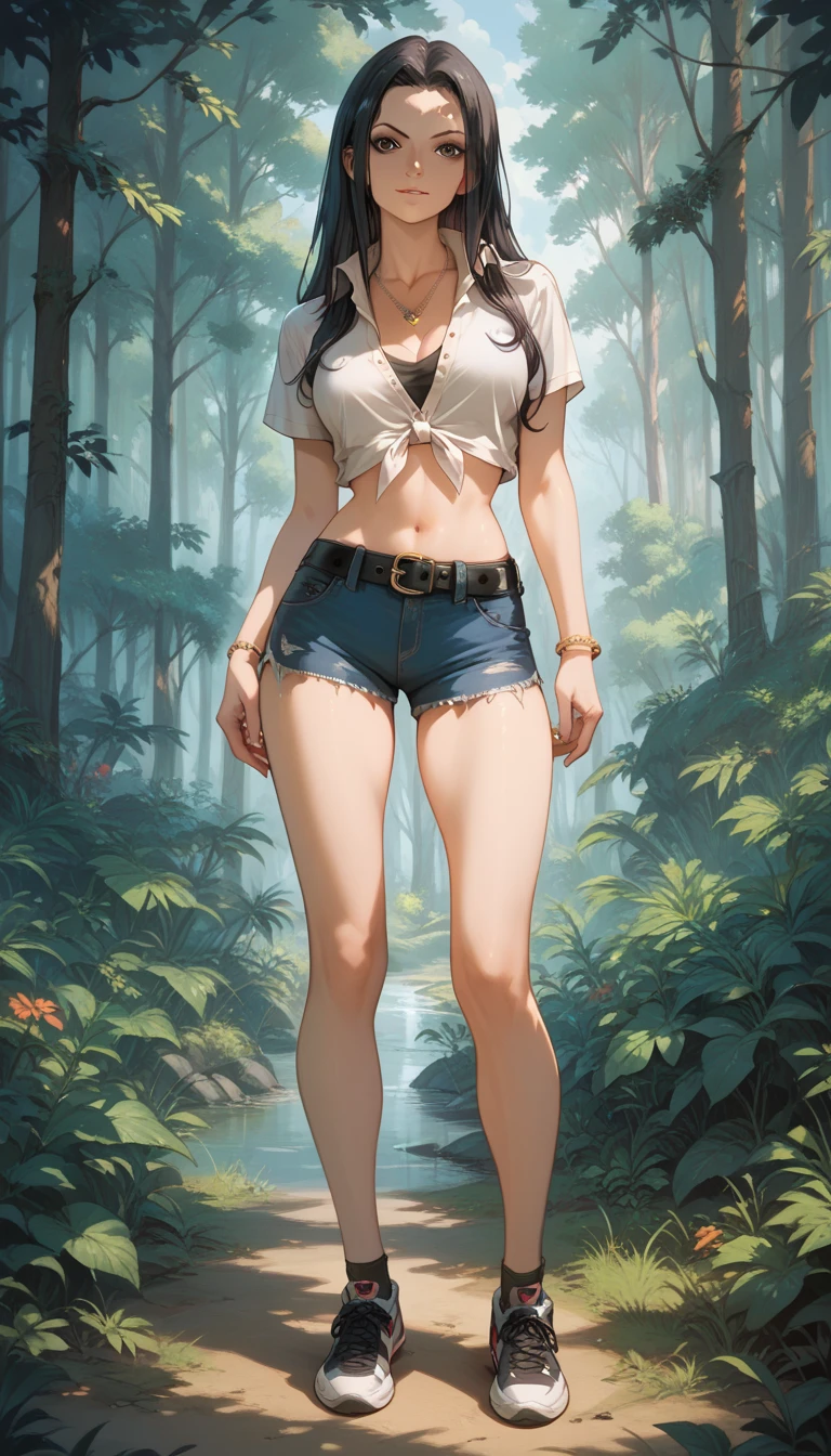 wearing hijab, A short dark skin barefoot girl with brown eyes sitting in the woods. her big feet rests on top of a log to stretch her long toes. Short, wearing white under-boob shirt and shorts. Her feet are big sit in the lower part of the frame where she spreads long toes. 2 arms, 2 hands, 2 legs, 2 feet, 5 toes, barefeet, foot focus, long toes, big feet, 1girl. midriff, very tight shirt, imprint, bulging, see through fabric, translucent fabric, wet fabric, translucent fabric, tiny shirt, stretched shirt, big breast, constricted breast, overflowing breast, large cleavage, thin fabric, huge breast, massive breast, massive breast imprints, huge breast imprints, shirt too small, stretched shirt, shirt stretched too thin, large breast, large breast imprints, ripped shorts, tight shorts, tiny shorts, shorts stretched too thin, stretched shorts, small clothes, clothes too small to fit, shorts too small too fit, shirt too small to fit