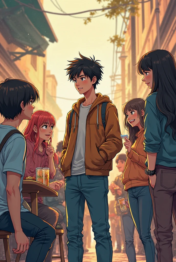 A manga style of a lonely guy with his friends