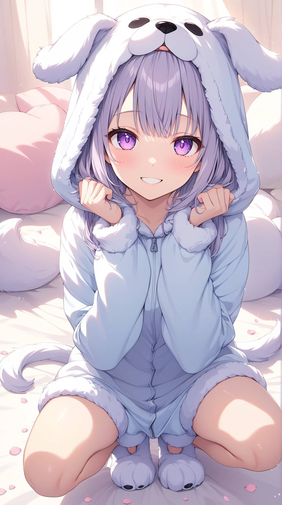 1girl, white hair, purple eyes, onesie, animal hood, animal print, whiskers, indoors, bedroom, stuffed animal, on bed, sitting, knees up, (paw pose:1.2), smile, (:3:1.1), open mouth, blush, window, (night sky:1.01), barefoot, soles,