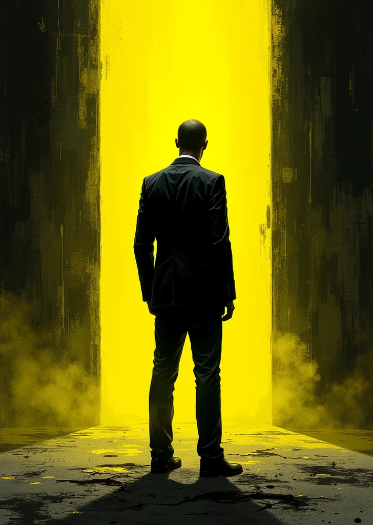 An extremely detailed comic book illustration of a faceless person standing alone wearing a suit in an art style inspired by Frank Miller and Conan the Barbarian. The subject is centrally positioned their form obscured lacking any distinguishing facial features or identity. The composition emphasizes the person's isolation and sense of invisibility. The scene is bathed in an eerie lighting with sharp contrasts between light and shadow creating an almost phosphorescent or screen-glow effect giving the image a moody, atmospheric quality. The background is of dark moody textured brushstrokes in shades of monotonous or dull yellow symbolizing caution, deterioration, and existential distress inspired by the Mono Yellow of the Backrooms. The overall tone of the piece is somber and melancholic. The faceless figure's posture and body language convey a profound sense of loneliness, disconnection, and emotional invisibility, evoking a palpable mood of vulnerability and isolation. Trending on Art Station.