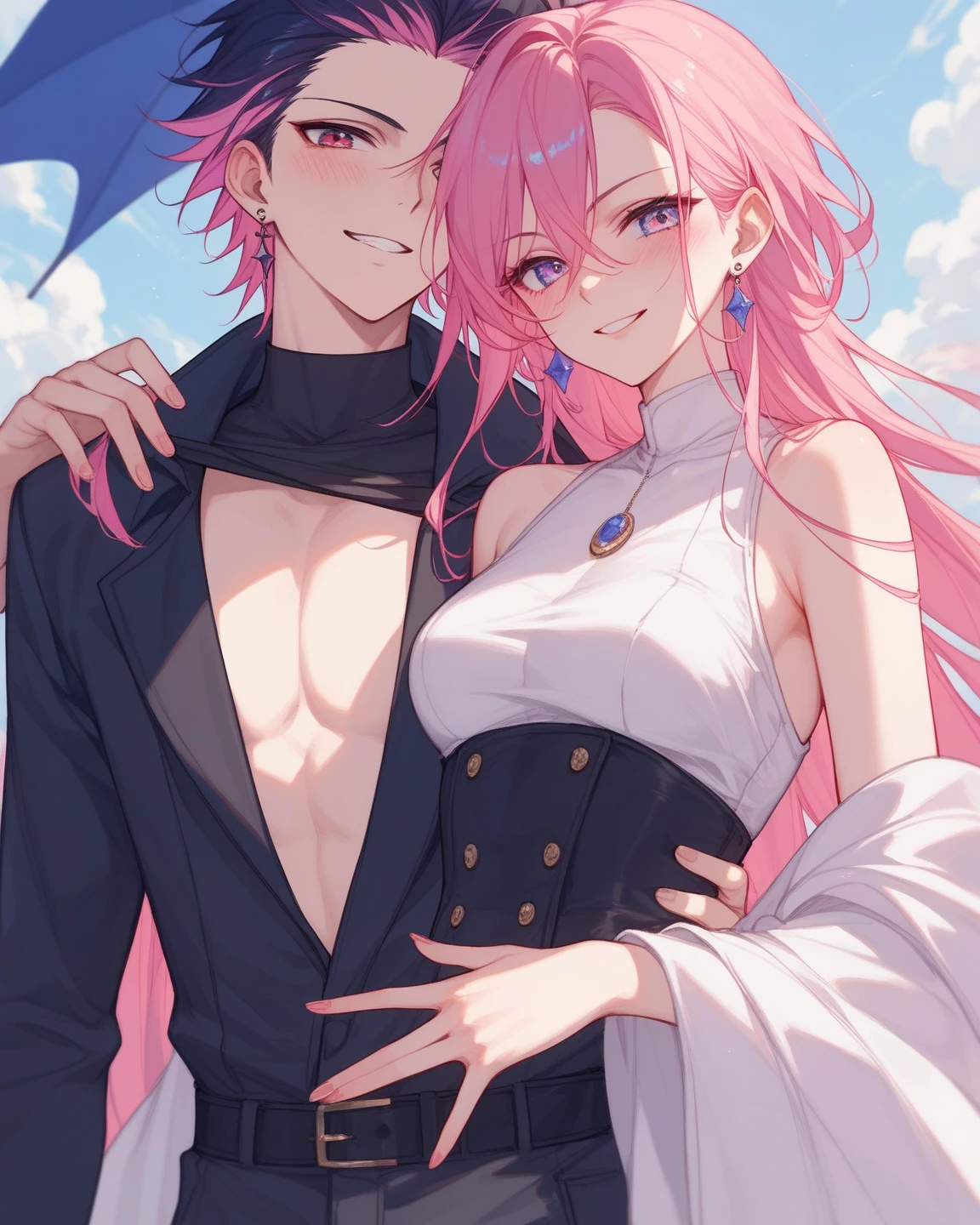 25 year old couple,Royal sister,White shirt, Black trousers,Lace,V-neck dress,Be red in the face,Pink lips,white backgrounid,8K masterpiece