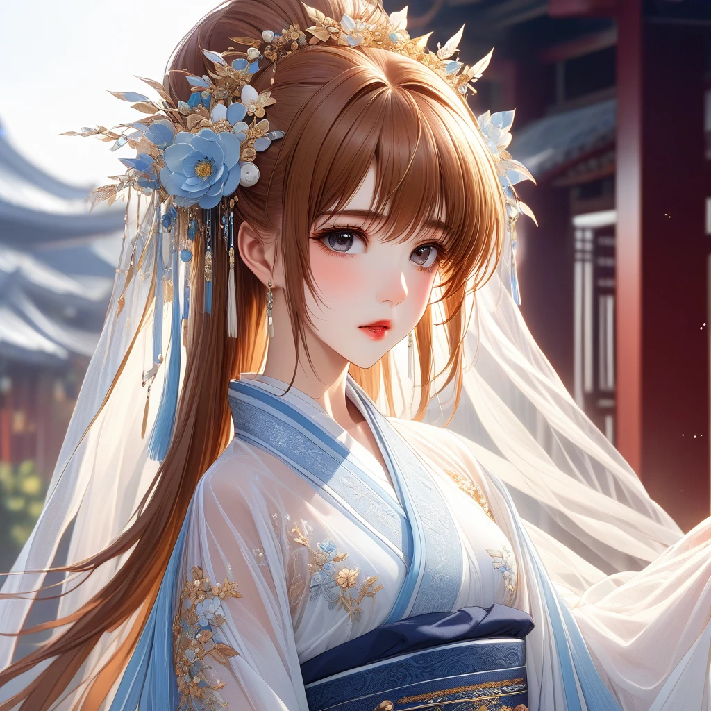 ((top quality)), ((masterpiece)), (details), （perfect face）、The brown-haired Takamachi Nanoha has excellent proportions and is wearing a gorgeous and glittering see-through Hanfu bridal dress