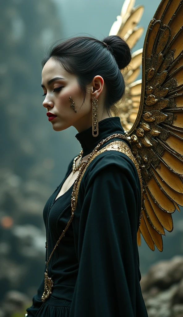A woman with biomechanical angel wings made of metal and scars, levitating in the dark. Gothic dress, a camera orbiting her, golden scar textures on her skin, poetic concept art, digital Renaissance style, Blade Runner aesthetic. Ultra high resolution, 8K
